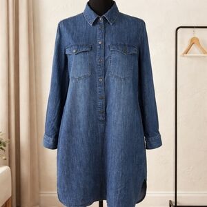 White House Black Market Denim Shirt Dress 6 Women Long Sleeve Pockets Buttons